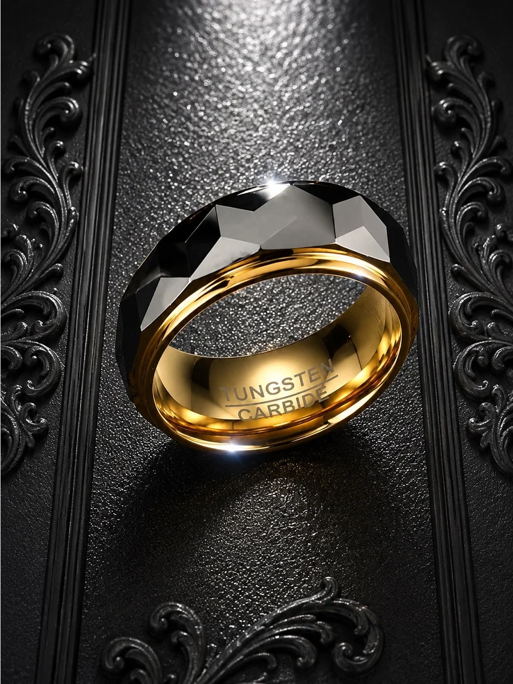Wide Faceted Cut Geometric Tungsten Carbide Wedding Rings For Men